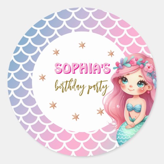 人魚の鱗パターンの誕生日パーティー ラウンドシール (正面)