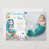 人魚の1歳の誕生日パーティー ワンダーの海のマーメイド 招待状 (正面)