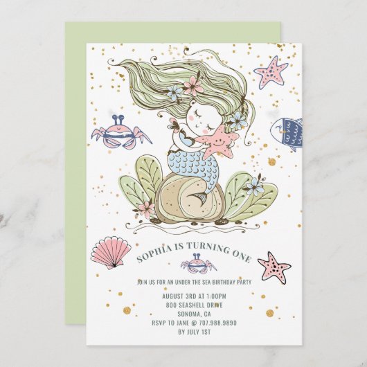 人魚の1歳誕生日パーティーグリーン招待状 招待状 (正面/裏面)