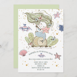 人魚の1歳誕生日パーティーグリーン招待状 招待状