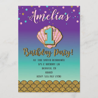 人魚の1歳誕生日パーティー招待状 招待状