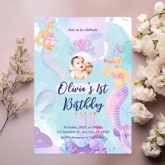 人魚の1歳誕生日パーティー ワンダーランドの海の人魚 招待状