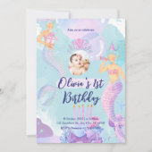 人魚の1歳誕生日パーティー ワンダーランドの海の人魚 招待状 (正面)