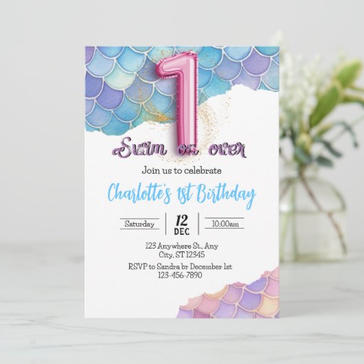 人魚の1歳誕生日招待状 招待状 (スタンド正面)