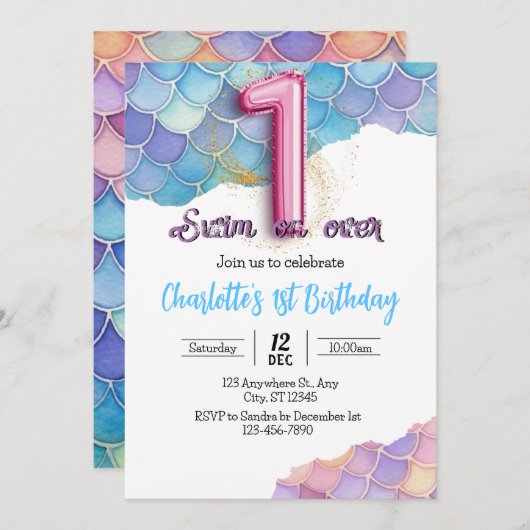 人魚の1歳誕生日招待状 招待状 (正面/裏面)