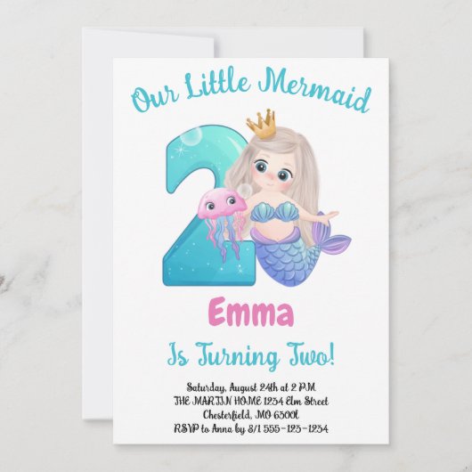 人魚の2歳誕生日パーティー招待状 招待状 (正面)