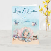 人魚の4歳の誕生日折りたたみグリーティングカード カード (黄色い花)
