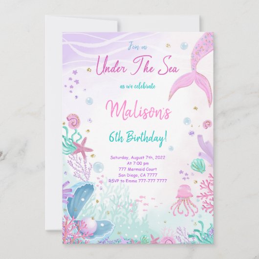 人魚の6歳誕生日パーティー招待状 招待状 (正面)
