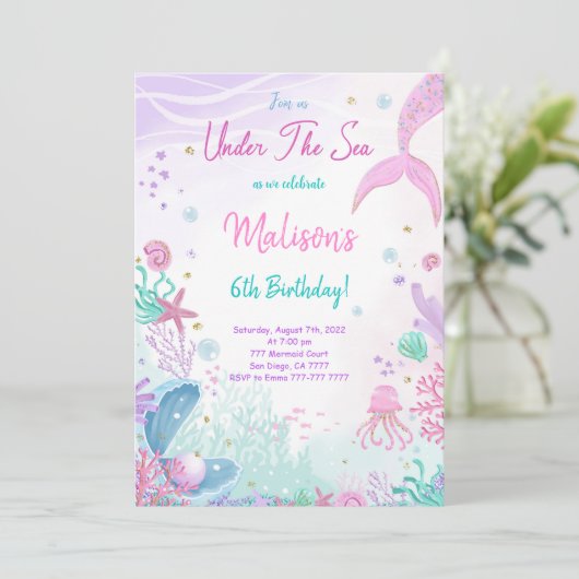 人魚の6歳誕生日パーティー招待状 招待状 (スタンド正面)