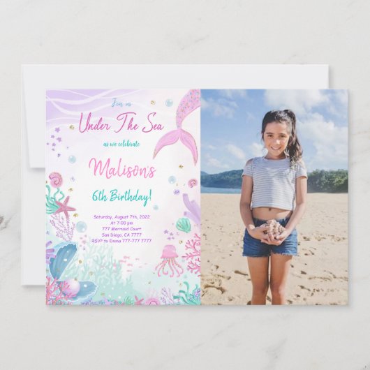人魚の6歳誕生日写真招待状 招待状 (正面)
