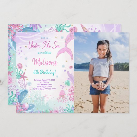 人魚の6歳誕生日写真招待状 招待状 (正面/裏面)