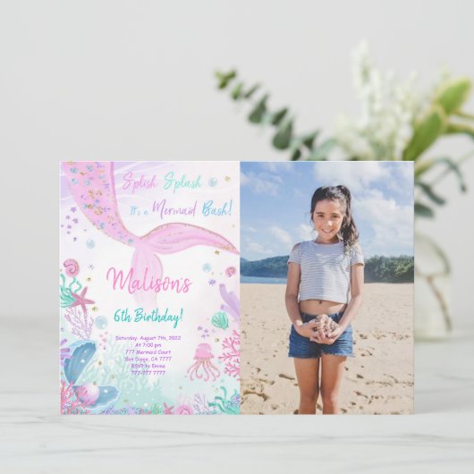 人魚の6歳誕生日子供招待状(写真付き) 招待状 (スタンド正面)