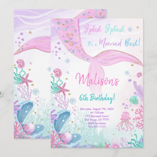 人魚の6歳誕生日子供招待状 招待状 (正面/裏面)