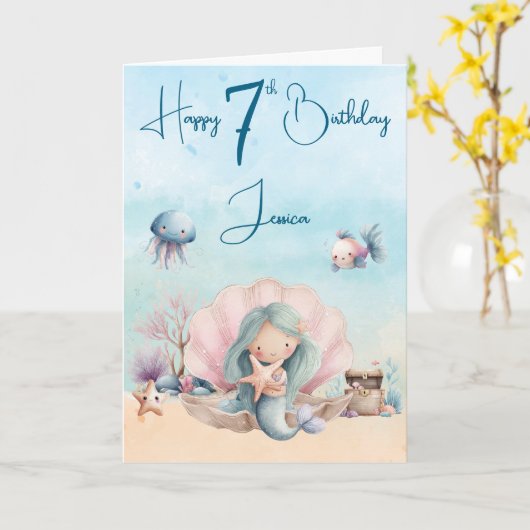人魚の7歳の誕生日折りたたみグリーティングカード カード (黄色い花)