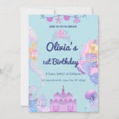 人魚のQRコード 海の中の1歳の誕生日お知らせ 招待状 (正面)