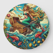 人魚は岩の上に置かれて宝を開いた ラージ壁時計 (正面)