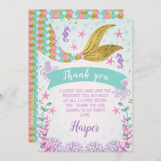 人魚または海の下の誕生日サンキューカード 招待状 (正面/裏面)