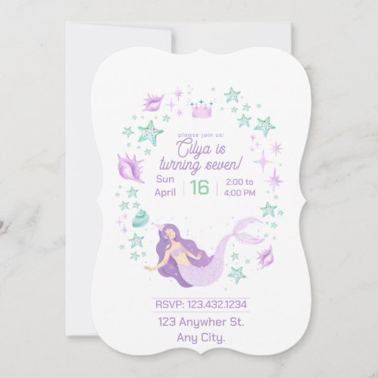 人魚をテーマにした誕生日の招待状 (正面)