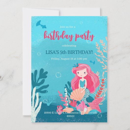 人魚をテーマにした誕生日パーティーの招待状。 招待状 (正面)