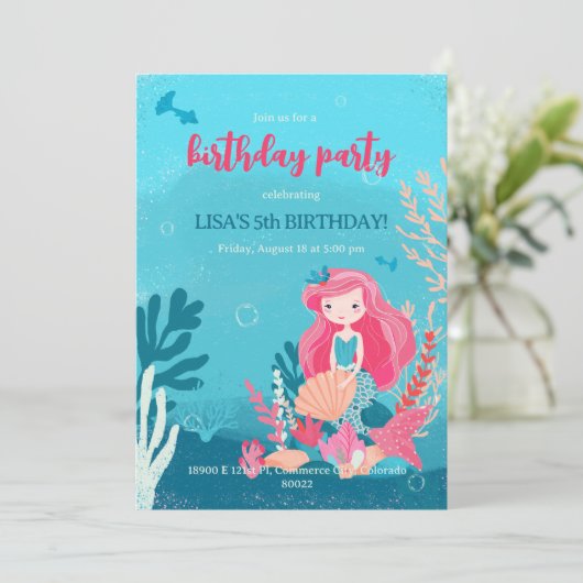 人魚をテーマにした誕生日パーティーの招待状。 招待状 (スタンド正面)