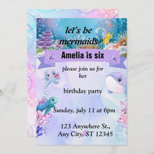人魚をテーマにした誕生日パーティー招カスタム待 招待状 (正面/裏面)