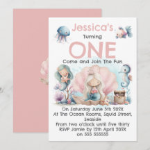 人魚をテーマにした1歳の誕生日招待状