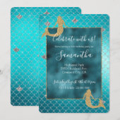 人魚アクア ティール ゴールド シルバー スパークル グリッター 招待状 (正面/裏面)