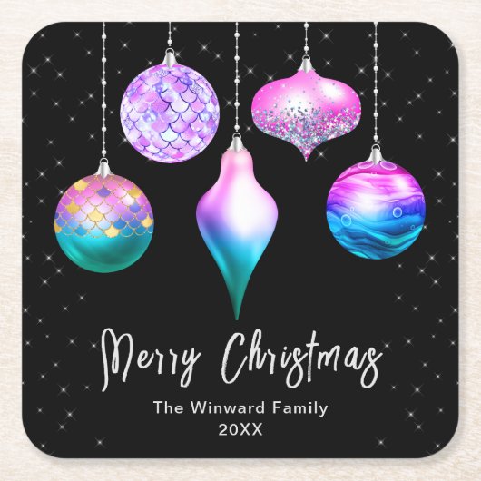 人魚オーナメントメリークリスマス スクエアペーパーコースター (正面)