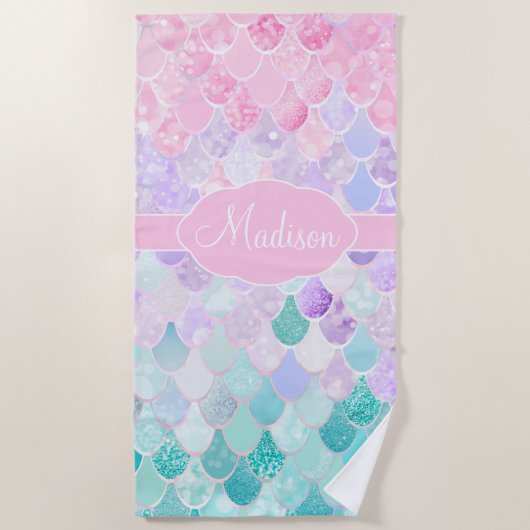 人魚ガーリーのかわいモノグラムのい模様 ビーチタオル (正面)