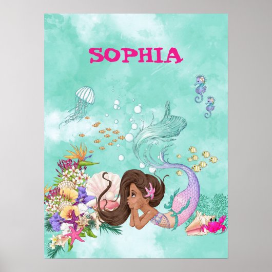 人魚ダークヘアピンクヒトデかわいいパーソナル ポスター (正面)