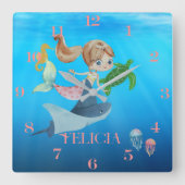 人魚パーソナライズされた スクエア壁時計 (正面)