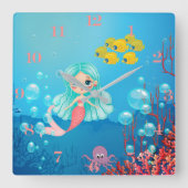 人魚パーソナライズされた スクエア壁時計 (正面)