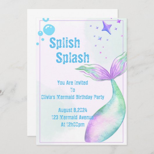 人魚パーティー招待状(女の子向け) 招待状 (正面/裏面)