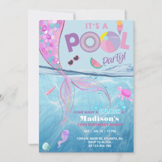 人魚プールパーティー誕生日の招待状、女の子。 招待状 (正面)