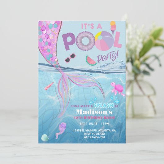 人魚プールパーティー誕生日の招待状、女の子。 招待状 (スタンド正面)