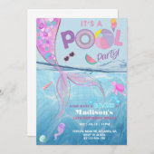 人魚プールパーティー誕生日の招待状、女の子。 招待状 (正面/裏面)
