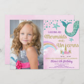 人魚及びユニコーンは金ゴールドのティール(緑がかった色)の誕生日の写真を飾ります 招待状 (正面/裏面)