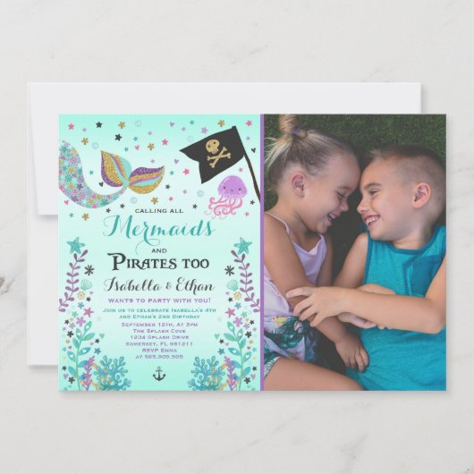 人魚及び海賊誕生日の兄弟姉妹の男の子の女の子の招待 招待状 (正面)