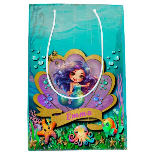 人魚姫と海底の世界 誕生日パーティー ミディアムペーパーバッグ (正面)