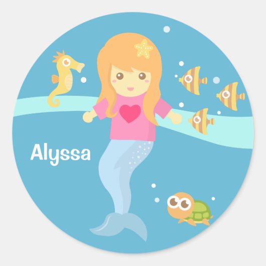 人魚姫のイラスト 海の中のキュートな女の子 ラウンドシール (正面)