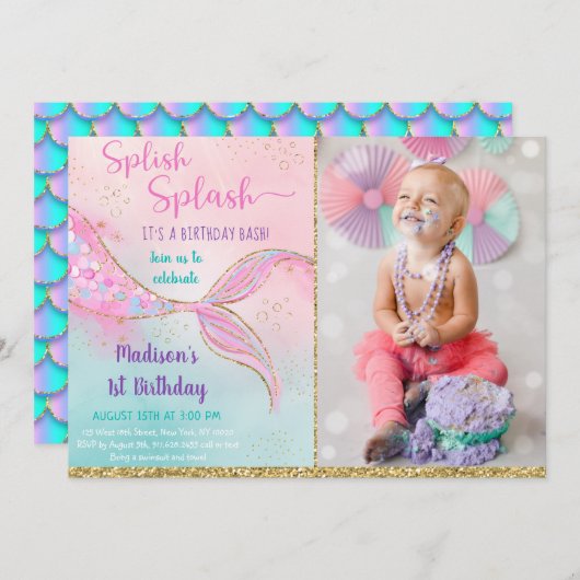 人魚姫のピンクゴールド誕生日 招待状 (正面/裏面)