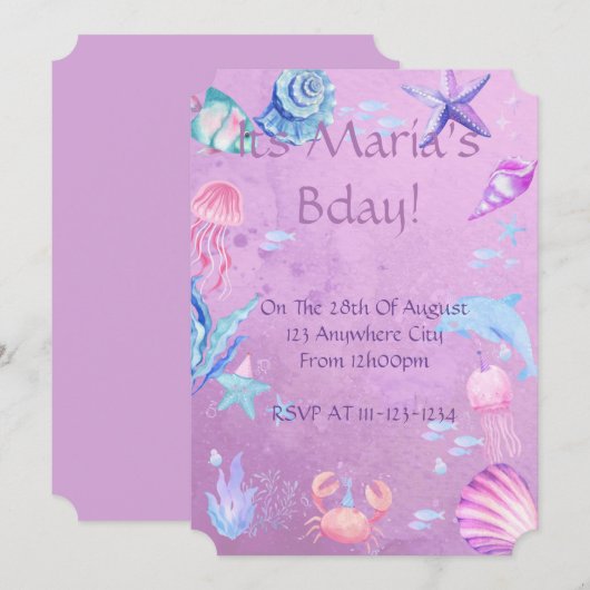 人魚姫の海テーマの誕生日招待状 招待状 (正面/裏面)
