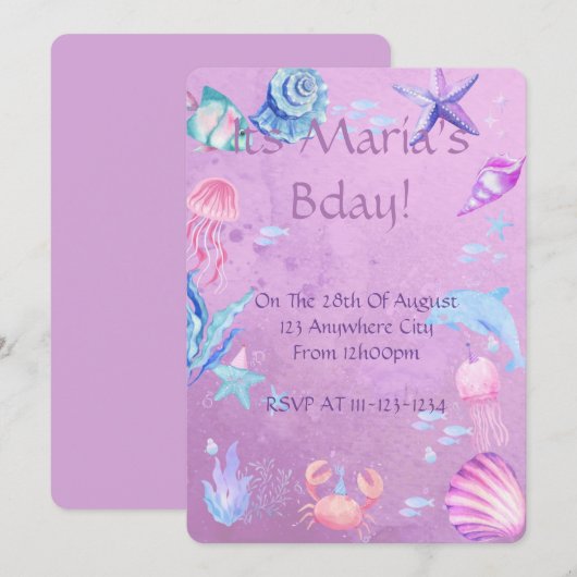 人魚姫の海テーマの誕生日招待状 招待状 (正面/裏面)
