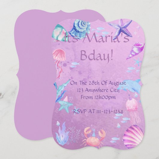 人魚姫の海テーマの誕生日招待状 招待状 (正面/裏面)