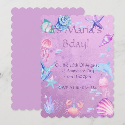 人魚姫の海テーマの誕生日招待状 招待状 (正面/裏面)