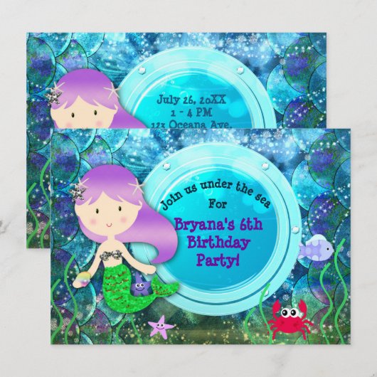 人魚姫の誕生日パーティー 海の中のビーチ 招待状 (正面/裏面)