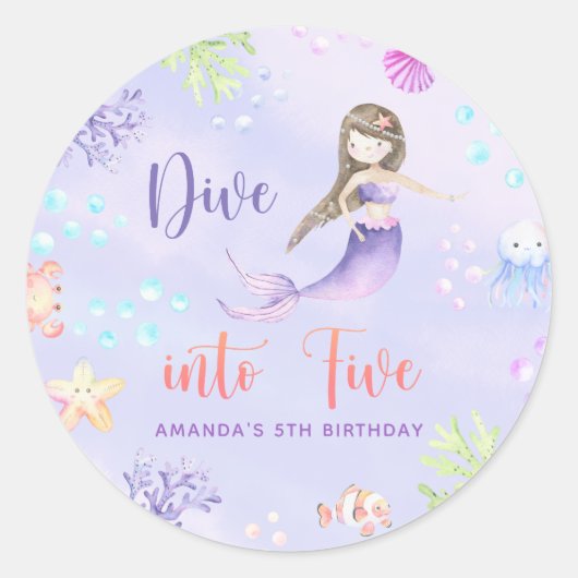 人魚姫の5歳の誕生日パーティーダイブ ラウンドシール (正面)