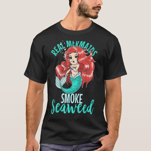 人魚実在の煙海藻の成人女性ポット喫煙者 Tシャツ (正面)