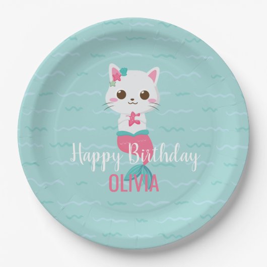 人魚猫の誕生日パーティー紙皿 ペーパープレート (正面)