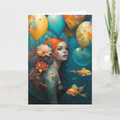 人魚絵画の誕生日風船 カード (正面)